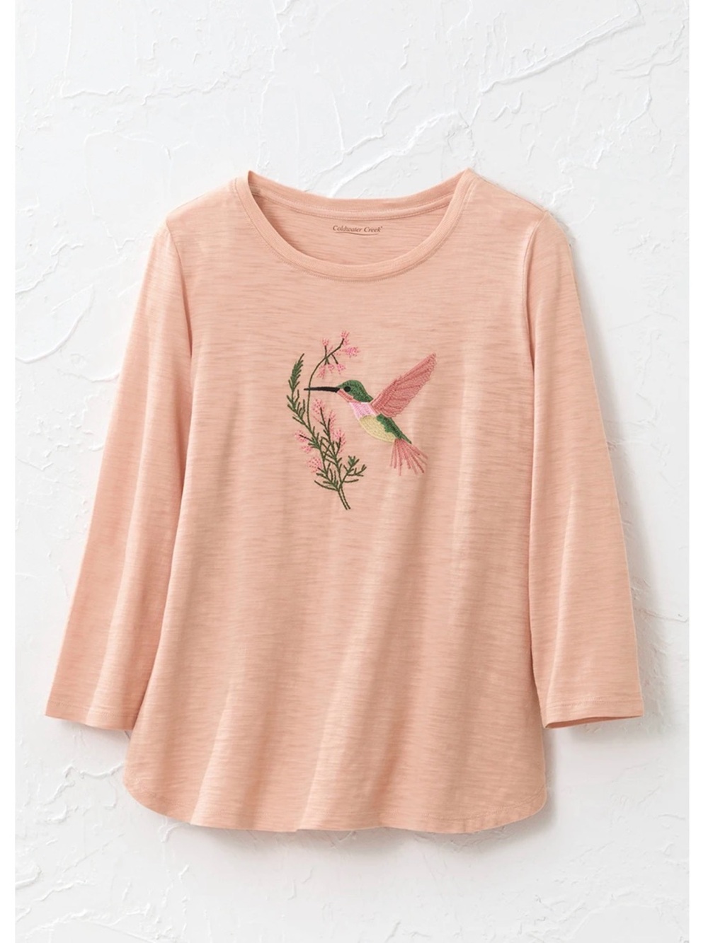Coldwater Creek Peach Long-Sleeve Tee with Hummingbird Embroidery